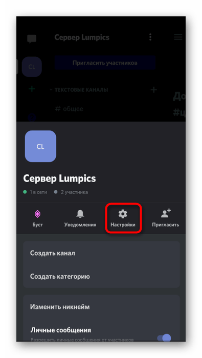 Переход в настройки сервера для управления ролями в мобильном приложении Discord