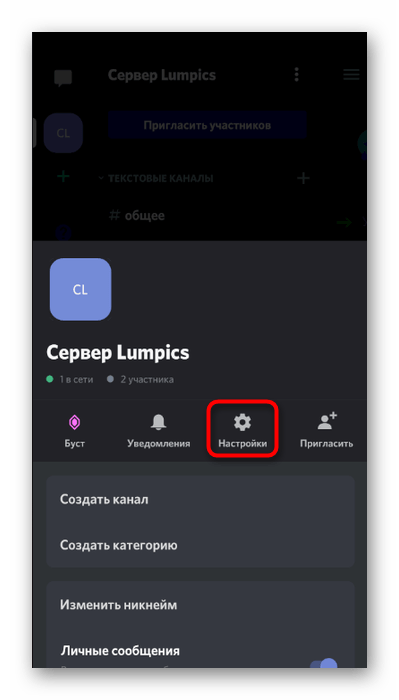 Переход в настройки сервера для настройки цветного ника в мобильном приложении Discord