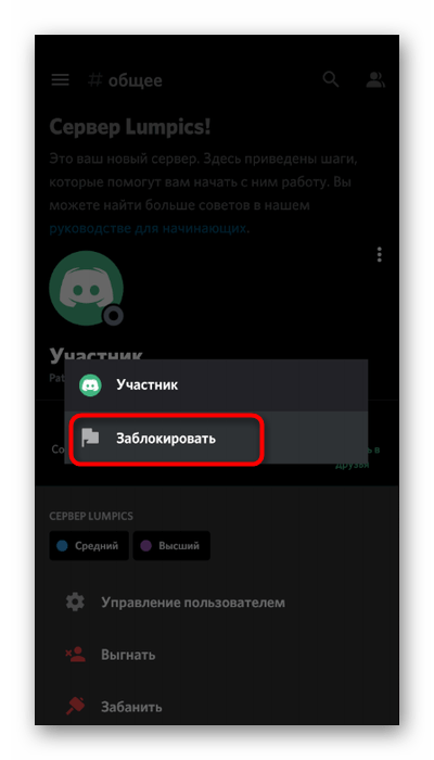 Блокировка пользователя для отключения возможности отправки сообщений в мобильном приложении Discord