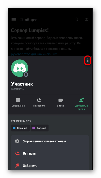 Открытие меню для блокировки пользователя в мобильном приложении Discord