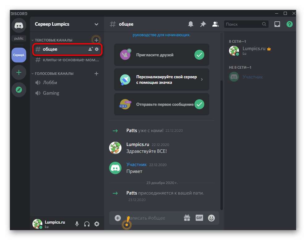 Выбор текстового канала для удаления сообщений в Discord на компьютере