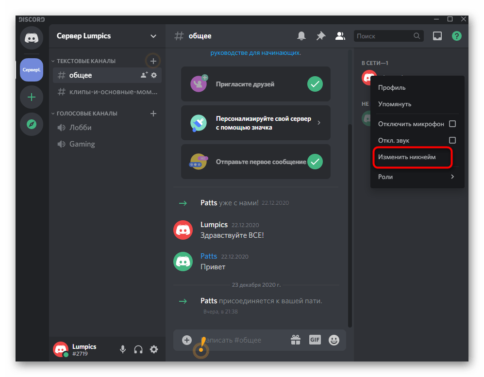 Открытие формы для смены собственного ника на сервере в программе Discord на компьютере