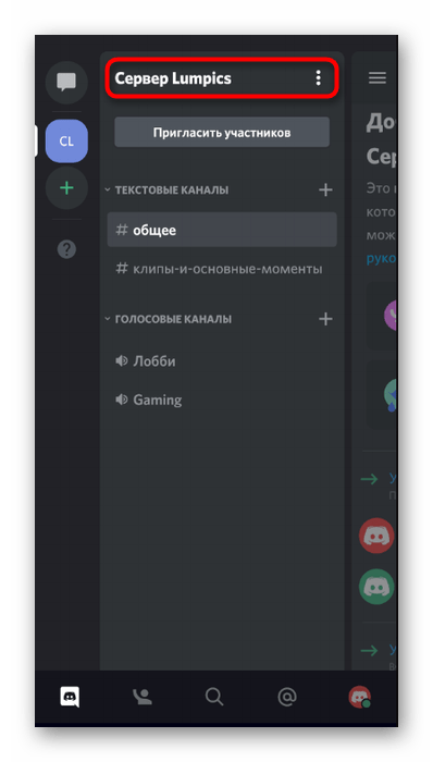 Открытие меню управления сервером для смены ников участников в мобильном приложении Discord