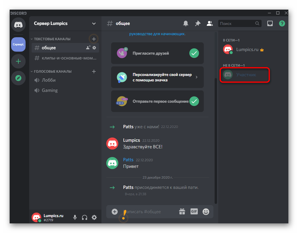 Успешное изменение ника участника сервера от имени администратора в Discord на компьютере