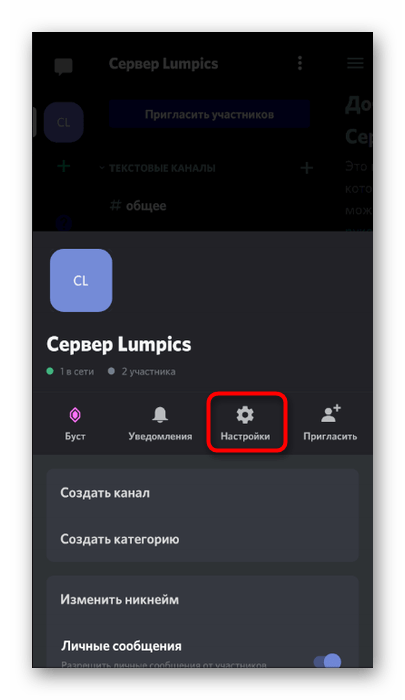 Открытие настроек сервера для смены ников участников в мобильном приложении Discord