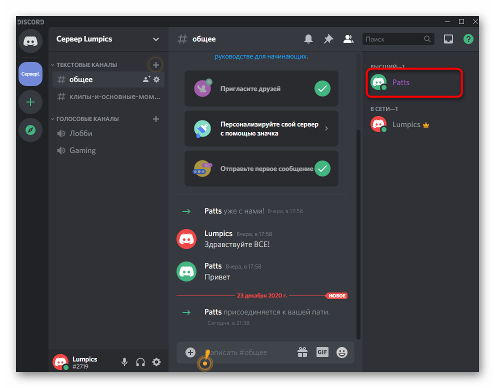 Отображение пользователя после присвоения ему роли на сервере в Discord на компьютере