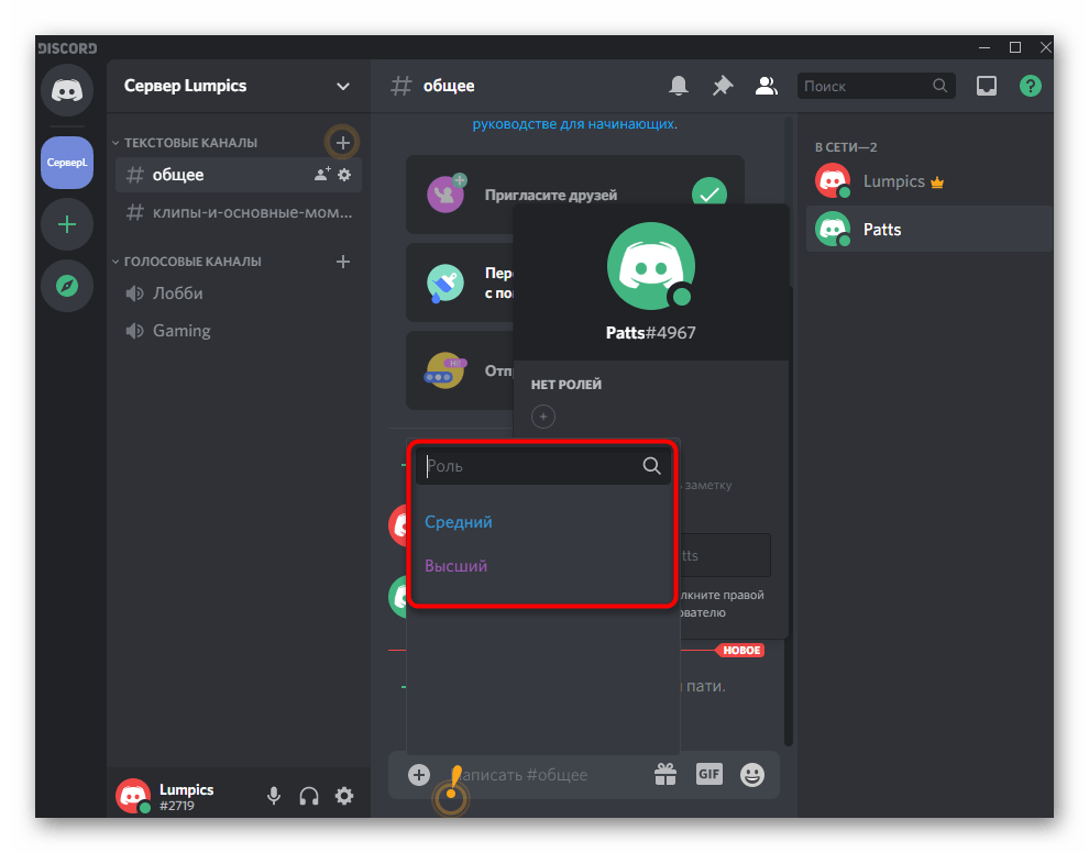 Выбор роли для присвоения пользователю на сервере в Discord на компьютере