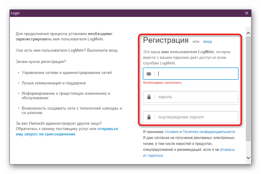 Заполнение данных для регистрации в окне программы Hamachi