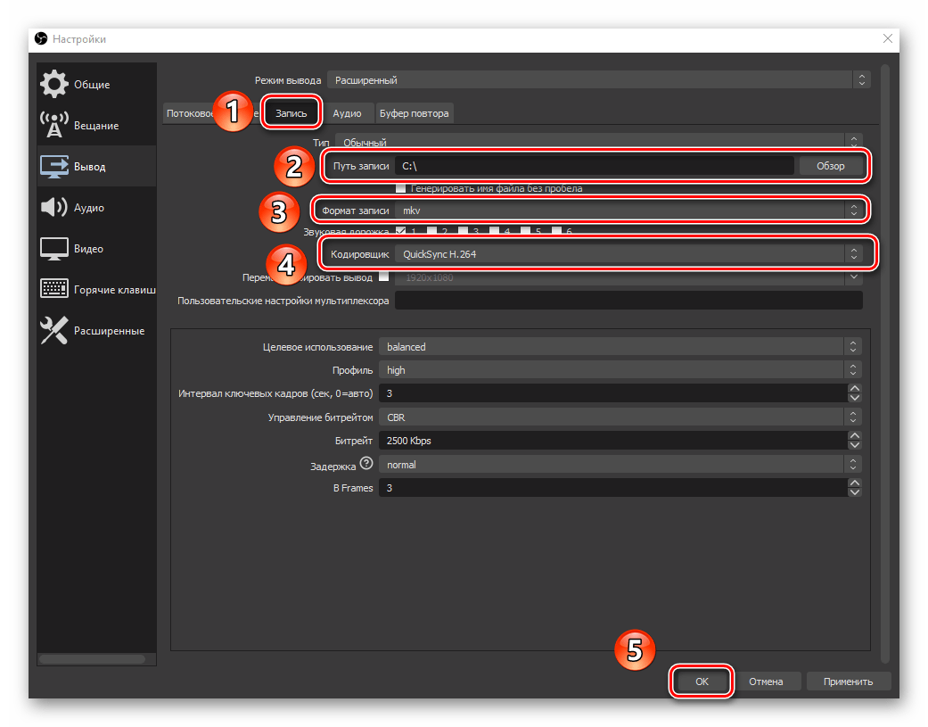 Изменение параметров локальной записи видео в программе OBS Studio