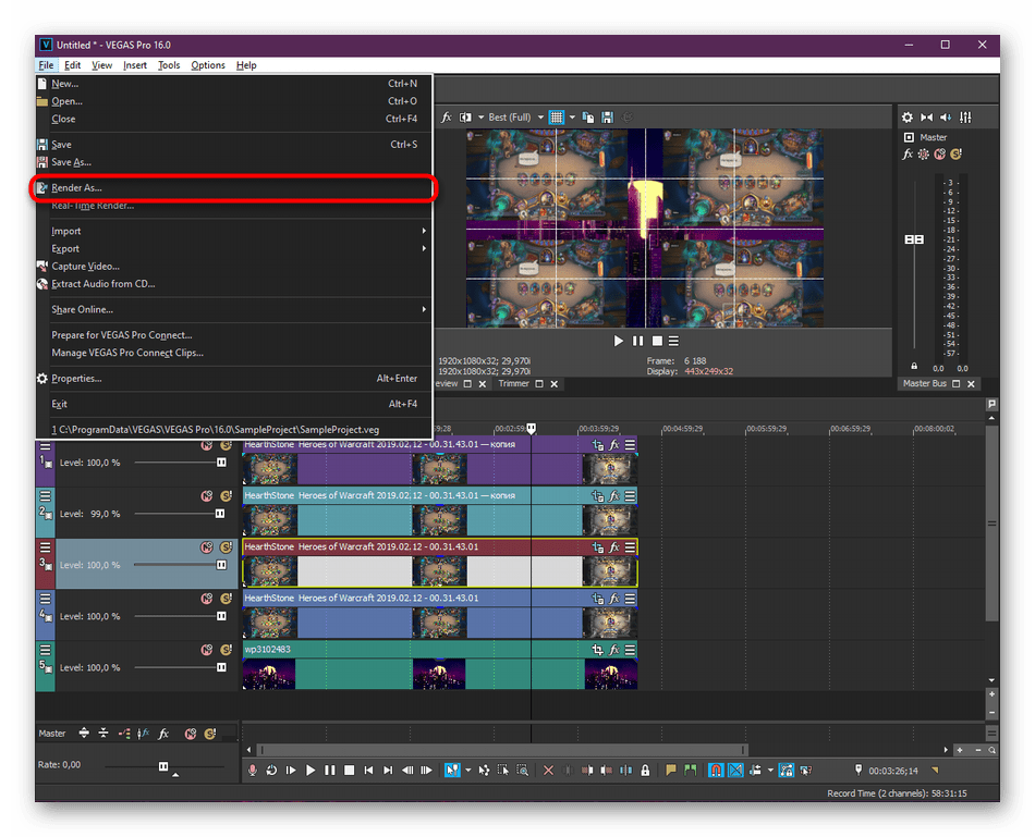 Переход к рендерингу готового видео в Sony Vegas Pro