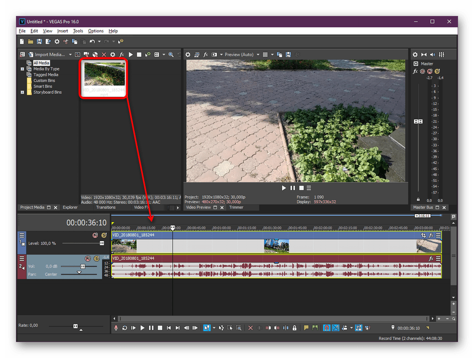 Перенос видео на дорожку редактора для стабилизации в Sony Vegas Pro