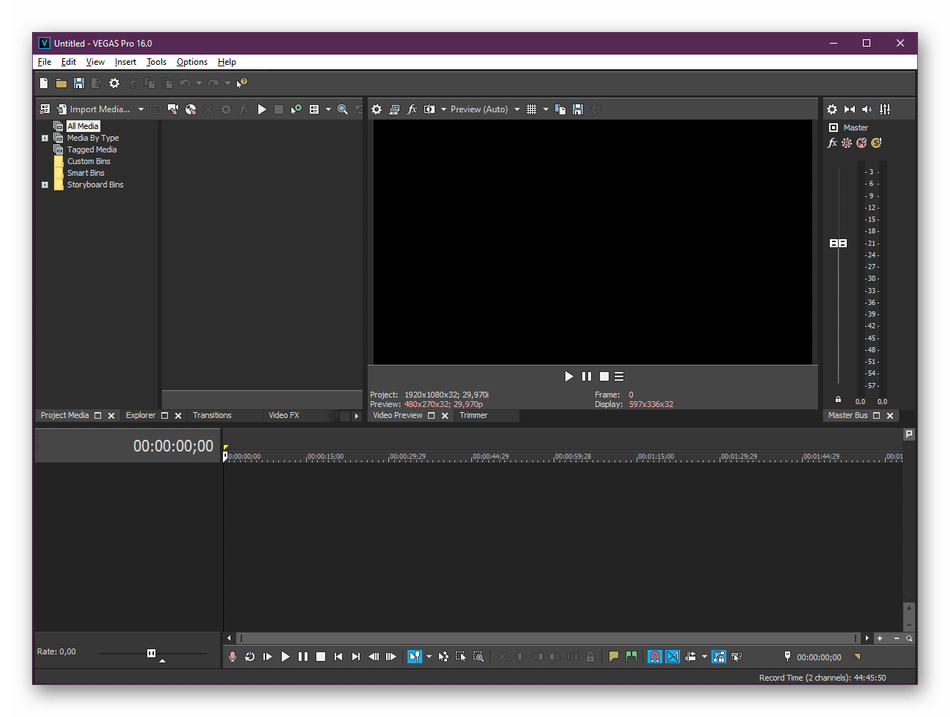 Внешний вид рабочей области в программе Sony Vegas Pro