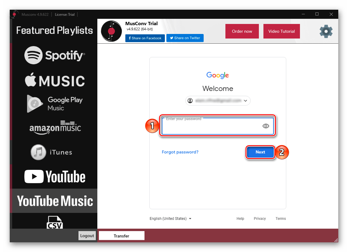 Ввод пароля от аккаунта источника для переноса музыки из YouTube в Spotify в программе MusConv