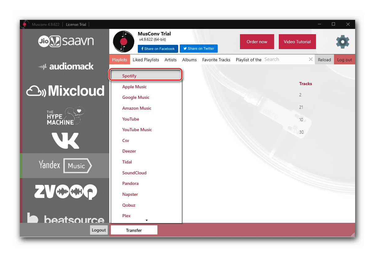 Выбор целевой платформы в программе MusConv для переноса медиатеки из Яндекс.Музыки в Spotify на ПК