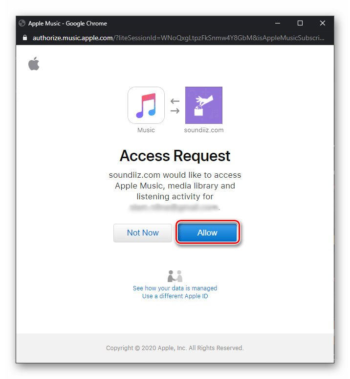 Разрешить подключение аккаунта Apple Music к сервису Soundiiz в браузере на ПК