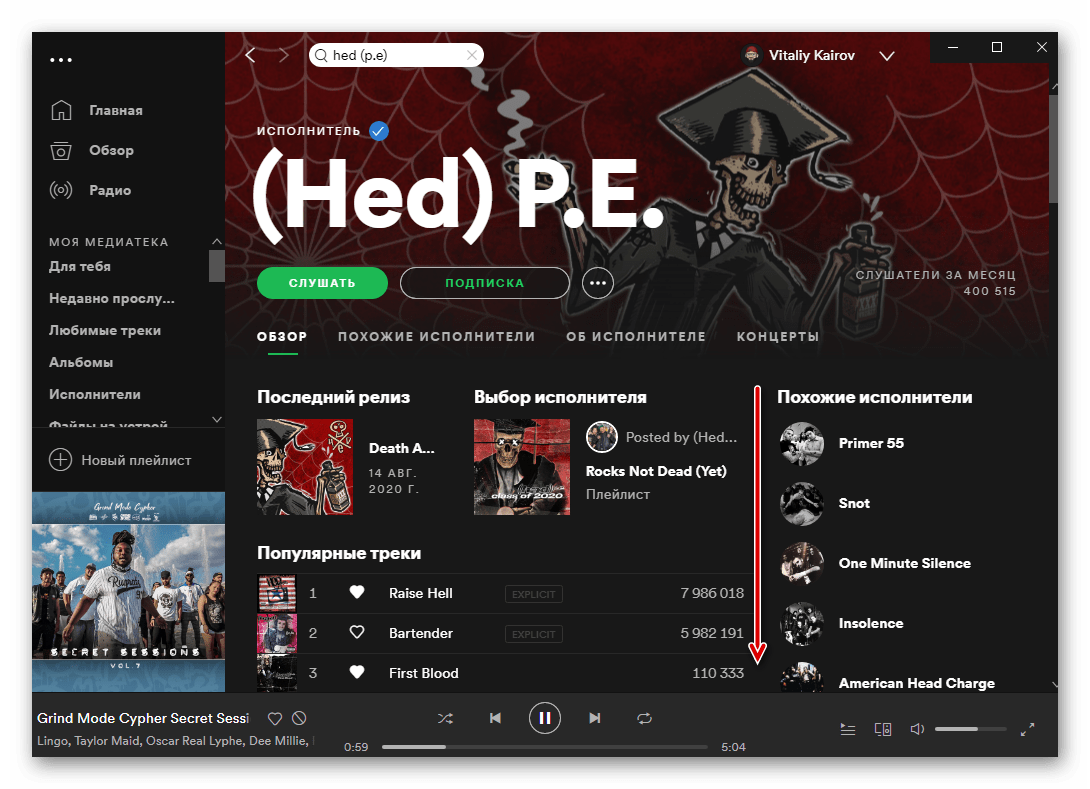 Просмотр страницы найденного исполнителя в программе Spotify для ПК