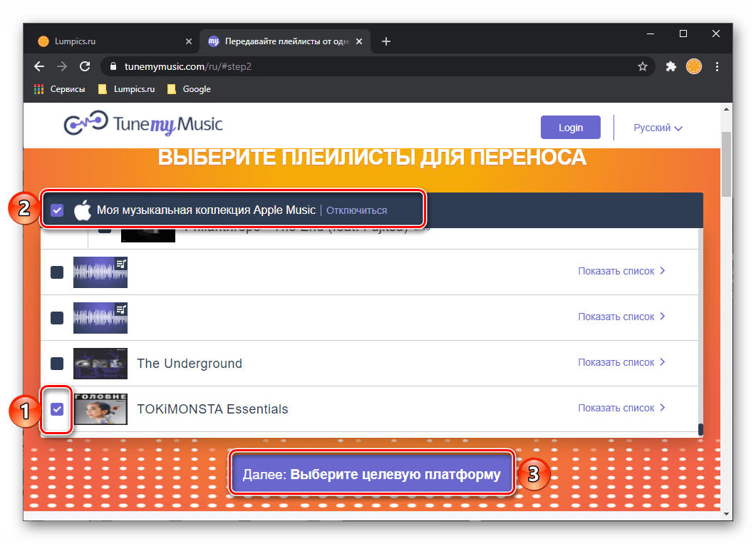 Окончательный выбор музыки для переноса из Apple Music в сервисе Tune My Music в браузере для ПК