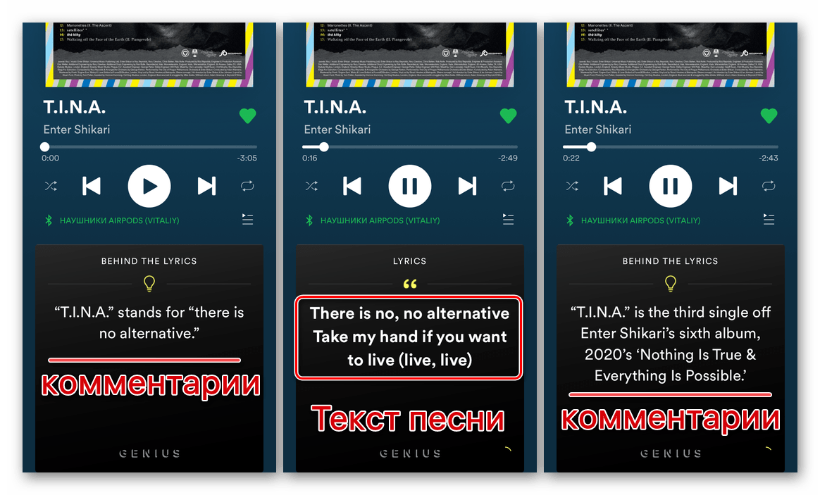 Просмотр текста песни в мобильном приложении Spotify