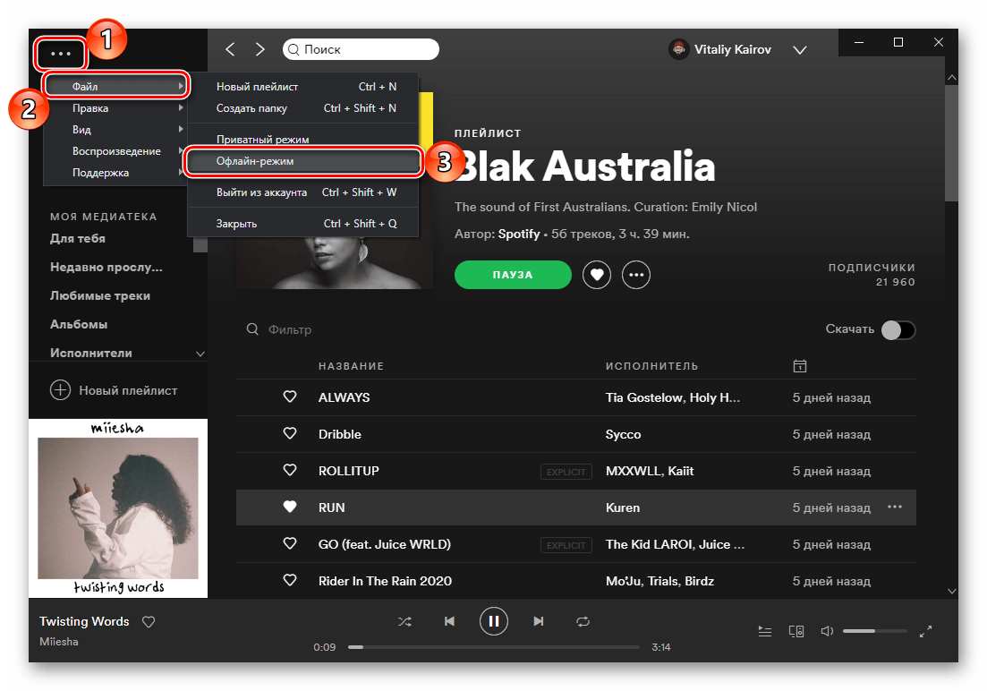 Включение офлайн-режима в приложении Spotify для ПК