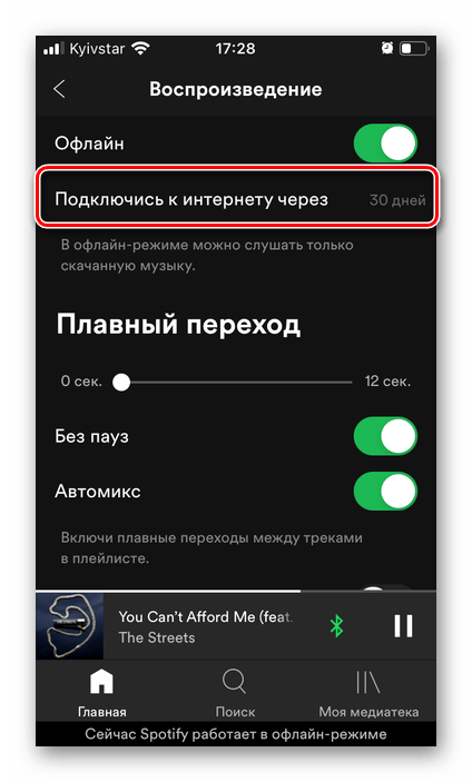 Необходимость подключения к интернету через 30 дней в приложении Spotify на iPhone