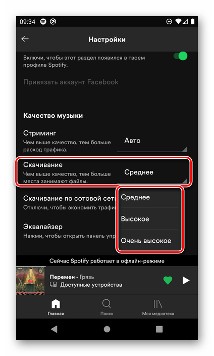 Определение качества скачиваемой музыки в настройках мобильного приложения Spotify для Android