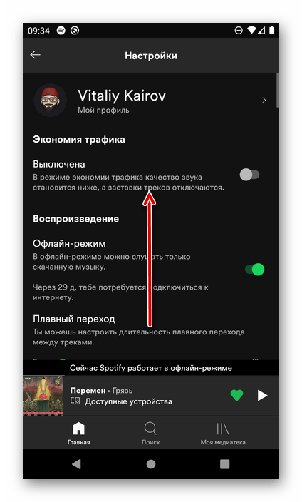 Пролистывание настроек мобильного приложения Spotify для Android