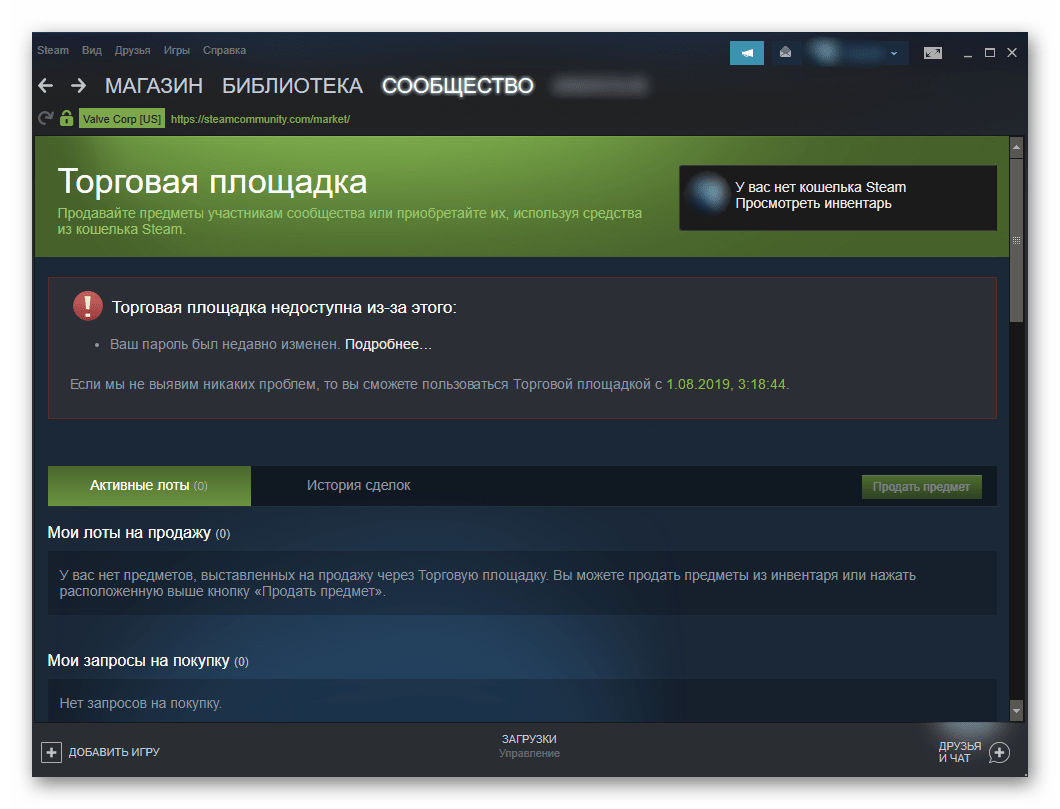 Блокировка Торговой площадки Steam после сброса пароля