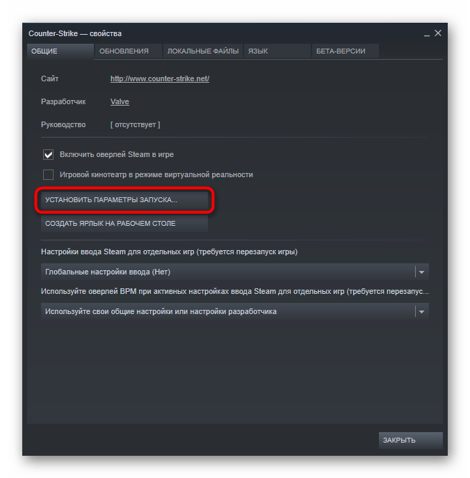 Переход в установку параметров запуска игры Steam