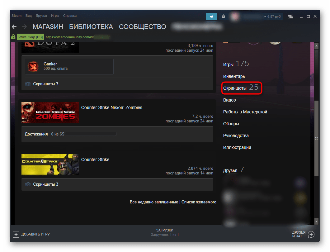 Раздел Скриншоты в профиле Steam