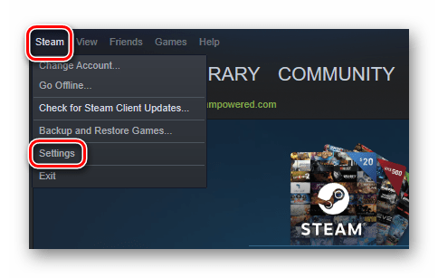 Переход в меню основных настроек Steam