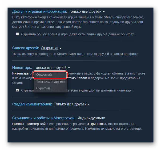 Функция открытия инвентаря Steam в настройках приватности