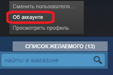 Переход к настройкам аккаунта в Steam