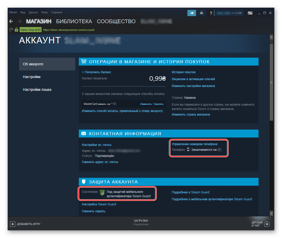 Отображение сведений о номере телефона и защите аккаунта в программе Steam