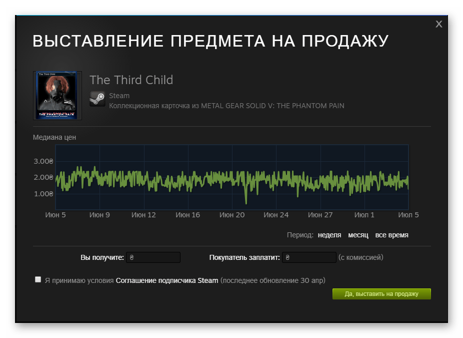 Выставление предмета на продажу в Steam