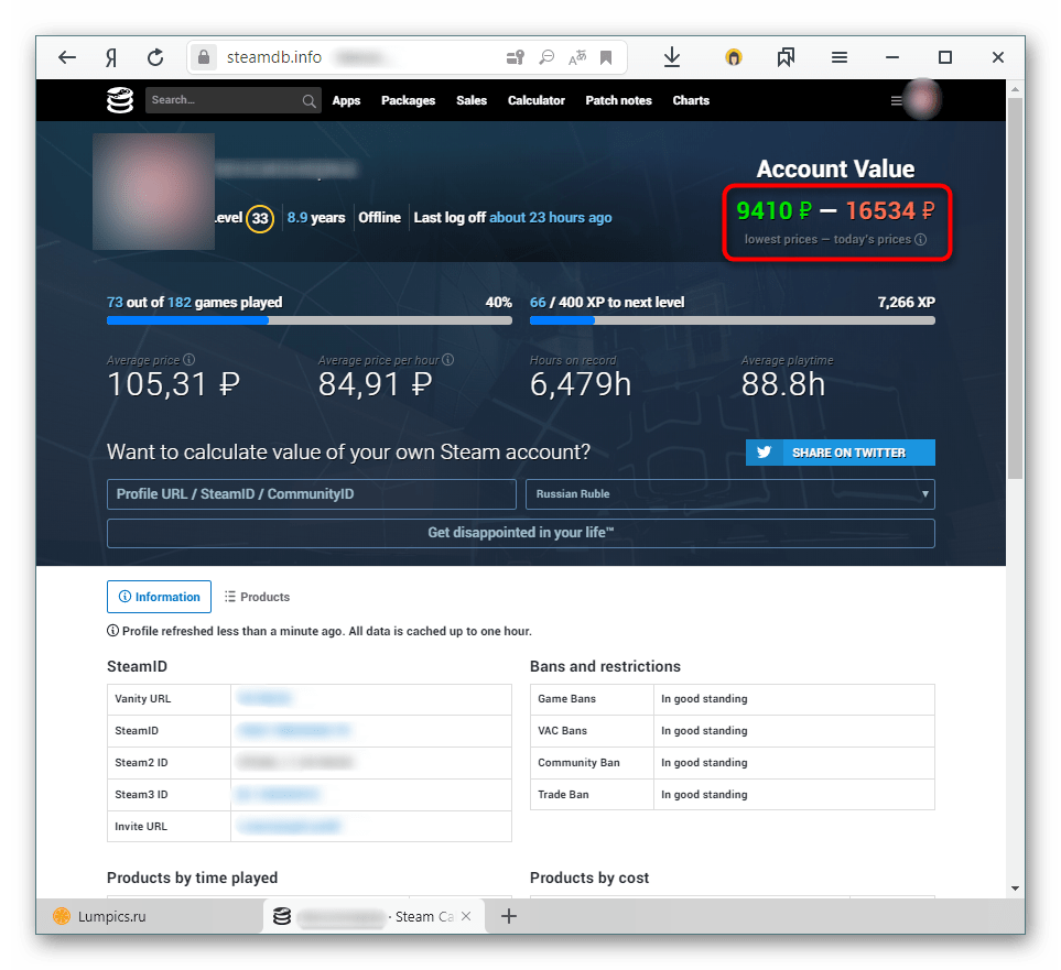 Минимальная и текущая стоимость аккаунта Steam на сайте Steam Database
