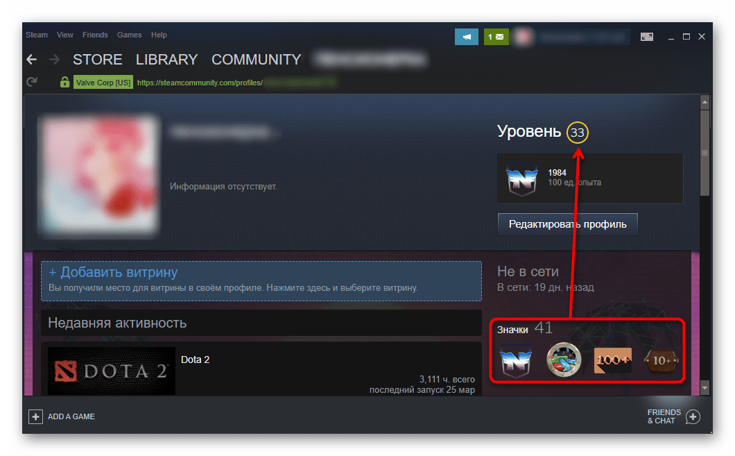 Значки и уровень Steam