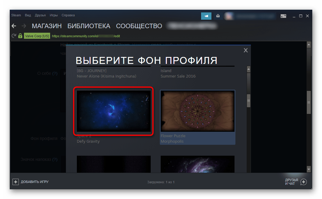 Выбранный фон в Steam