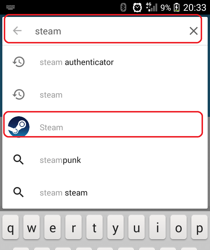 Поиск приложения Steam в Play Market