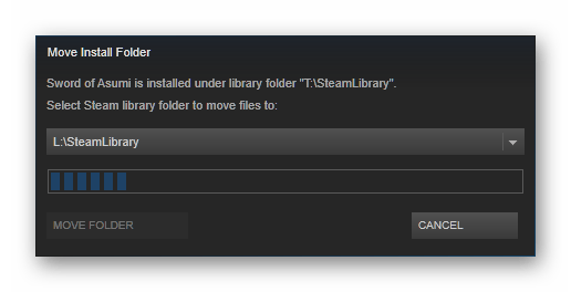 Процесс перемещения игры Steam